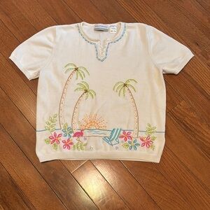 Alfred Dunner White Short Sleeve Sweater with tropical themed embroidery